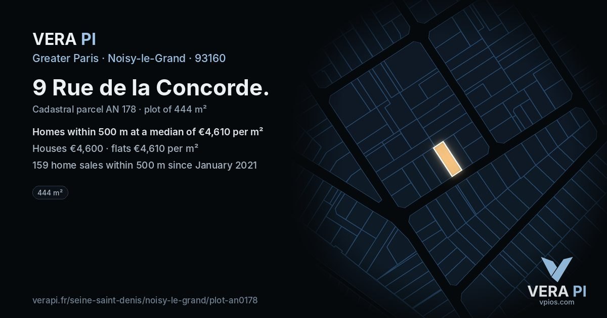 9 Rue de la Concorde, Noisy-le-Grand at night – the plot lit, the parcels around coloured by the prices near them