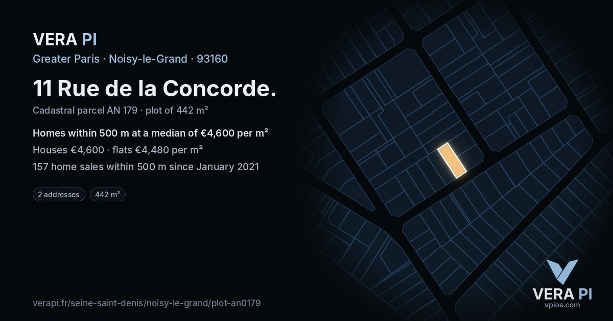 11 Rue de la Concorde, Noisy-le-Grand at night – the plot lit, the parcels around coloured by the prices near them
