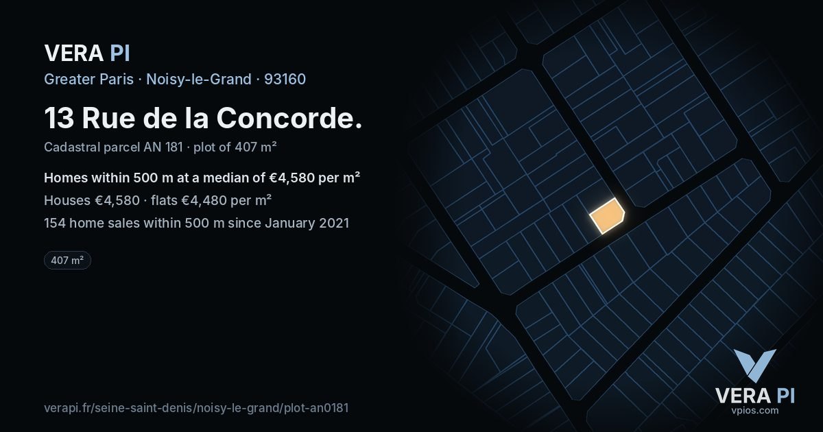13 Rue de la Concorde, Noisy-le-Grand at night – the plot lit, the parcels around coloured by the prices near them
