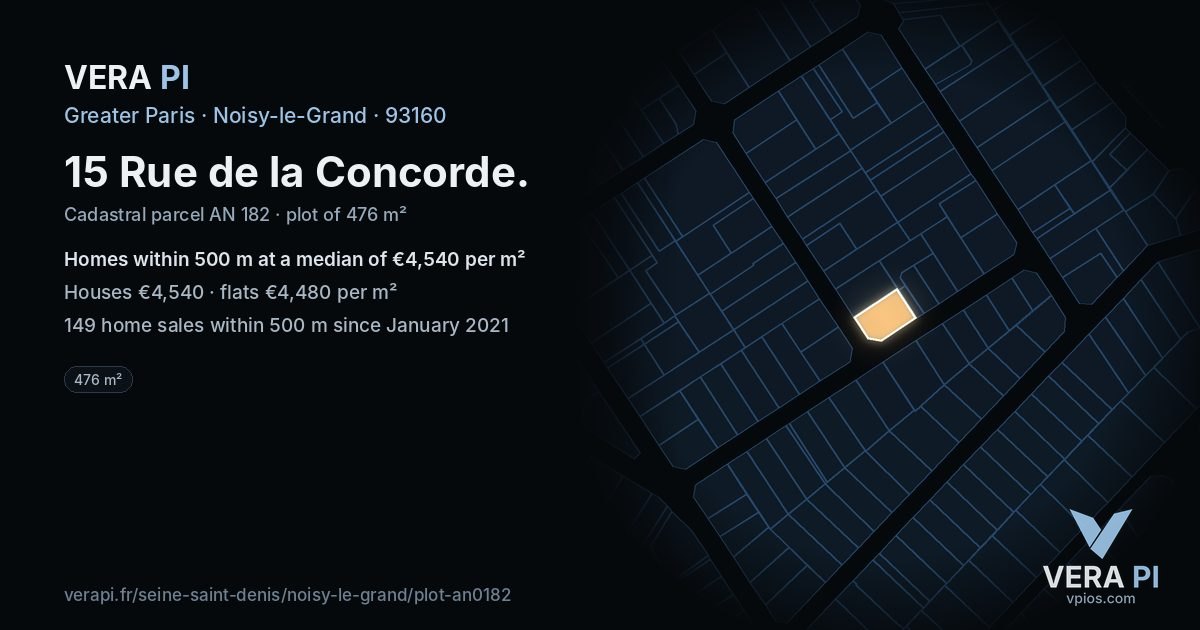 15 Rue de la Concorde, Noisy-le-Grand at night – the plot lit, the parcels around coloured by the prices near them