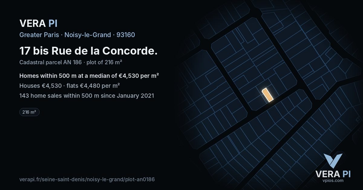 17 bis Rue de la Concorde, Noisy-le-Grand at night – the plot lit, the parcels around coloured by the prices near them
