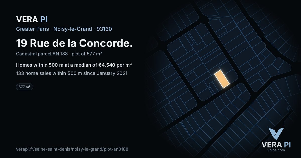 19 Rue de la Concorde, Noisy-le-Grand at night – the plot lit, the parcels around coloured by the prices near them