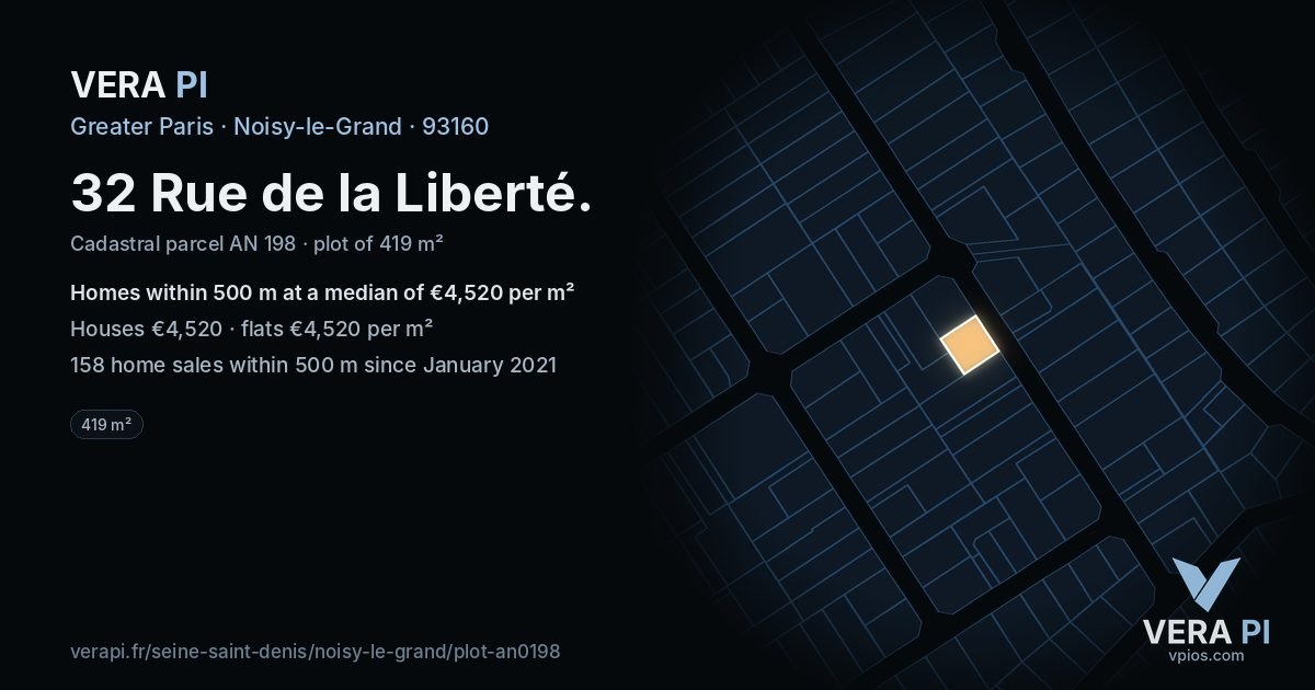 32 Rue de la Liberté, Noisy-le-Grand at night – the plot lit, the parcels around coloured by the prices near them