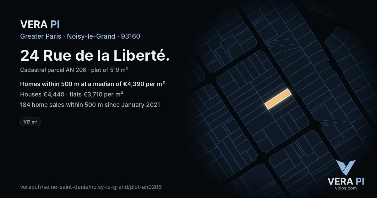 24 Rue de la Liberté, Noisy-le-Grand at night – the plot lit, the parcels around coloured by the prices near them