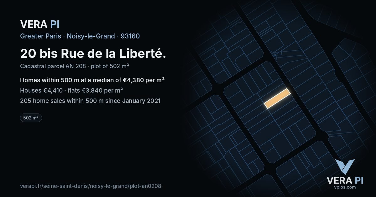 20 bis Rue de la Liberté, Noisy-le-Grand at night – the plot lit, the parcels around coloured by the prices near them