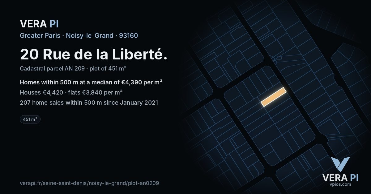 20 Rue de la Liberté, Noisy-le-Grand at night – the plot lit, the parcels around coloured by the prices near them