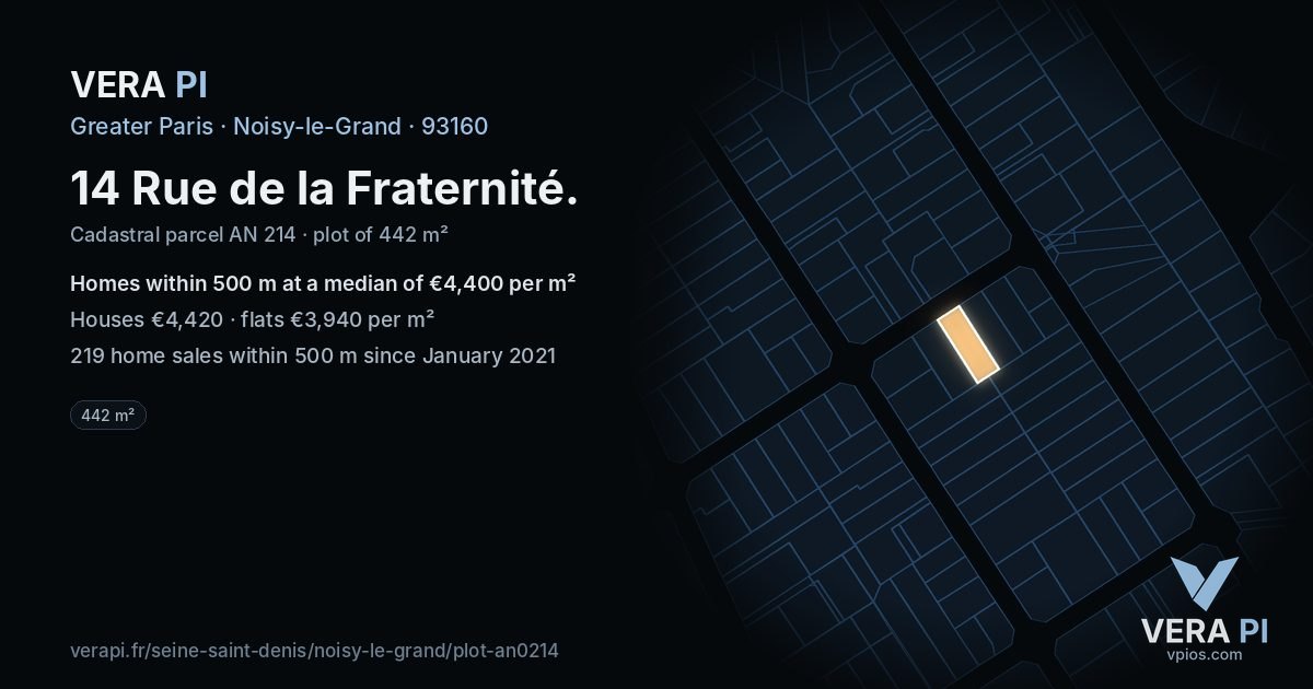 14 Rue de la Fraternité, Noisy-le-Grand at night – the plot lit, the parcels around coloured by the prices near them