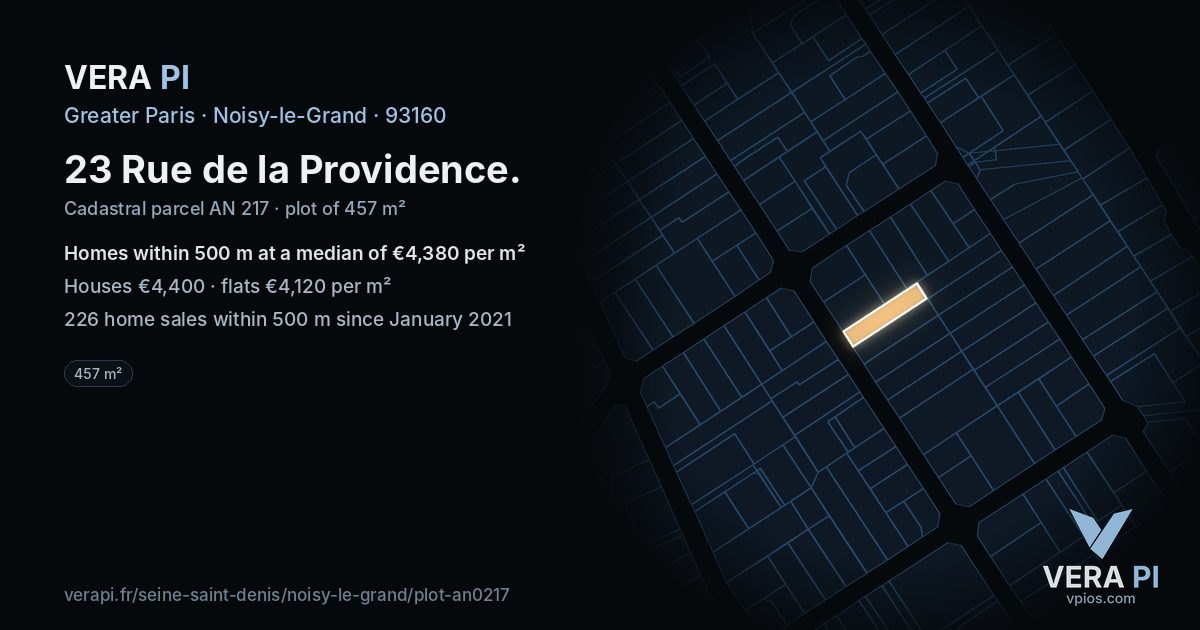23 Rue de la Providence, Noisy-le-Grand at night – the plot lit, the parcels around coloured by the prices near them