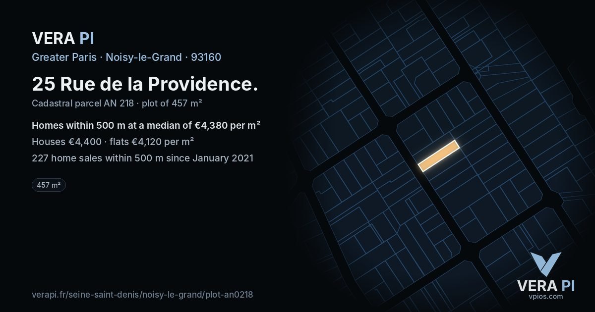 25 Rue de la Providence, Noisy-le-Grand at night – the plot lit, the parcels around coloured by the prices near them