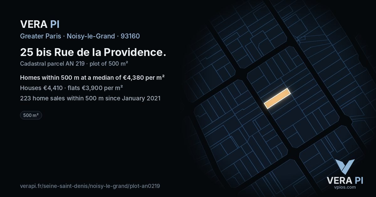25 bis Rue de la Providence, Noisy-le-Grand at night – the plot lit, the parcels around coloured by the prices near them