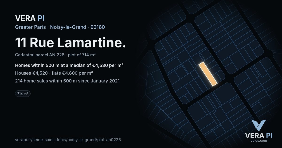 11 Rue Lamartine, Noisy-le-Grand at night – the plot lit, the parcels around coloured by the prices near them