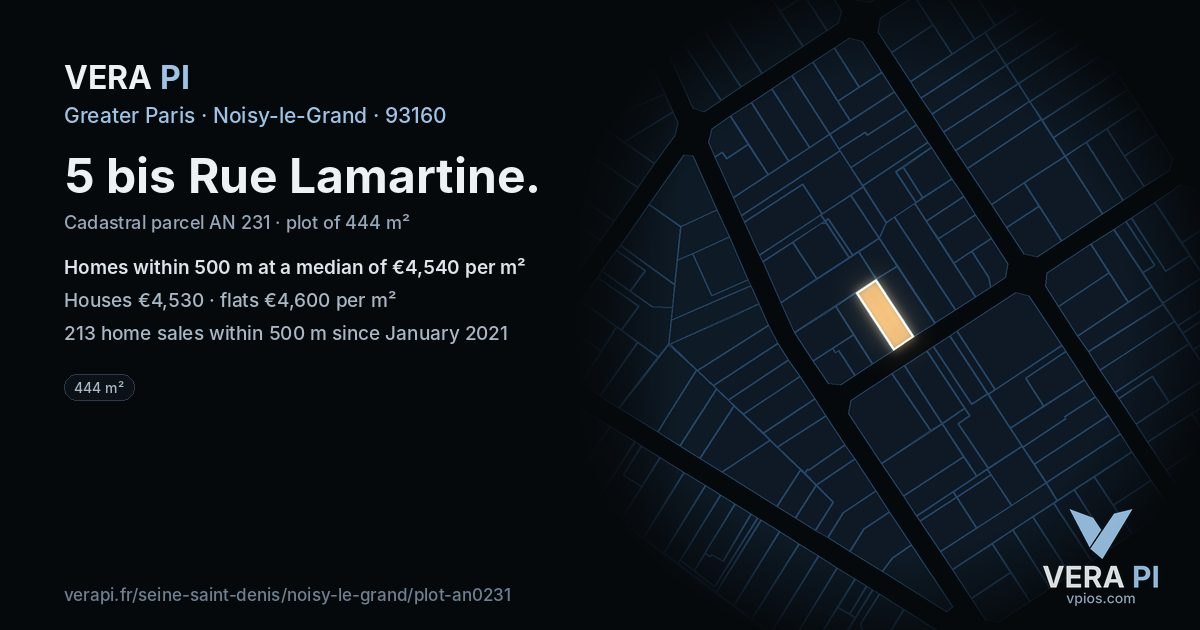 5 bis Rue Lamartine, Noisy-le-Grand at night – the plot lit, the parcels around coloured by the prices near them