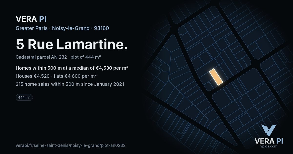 5 Rue Lamartine, Noisy-le-Grand at night – the plot lit, the parcels around coloured by the prices near them