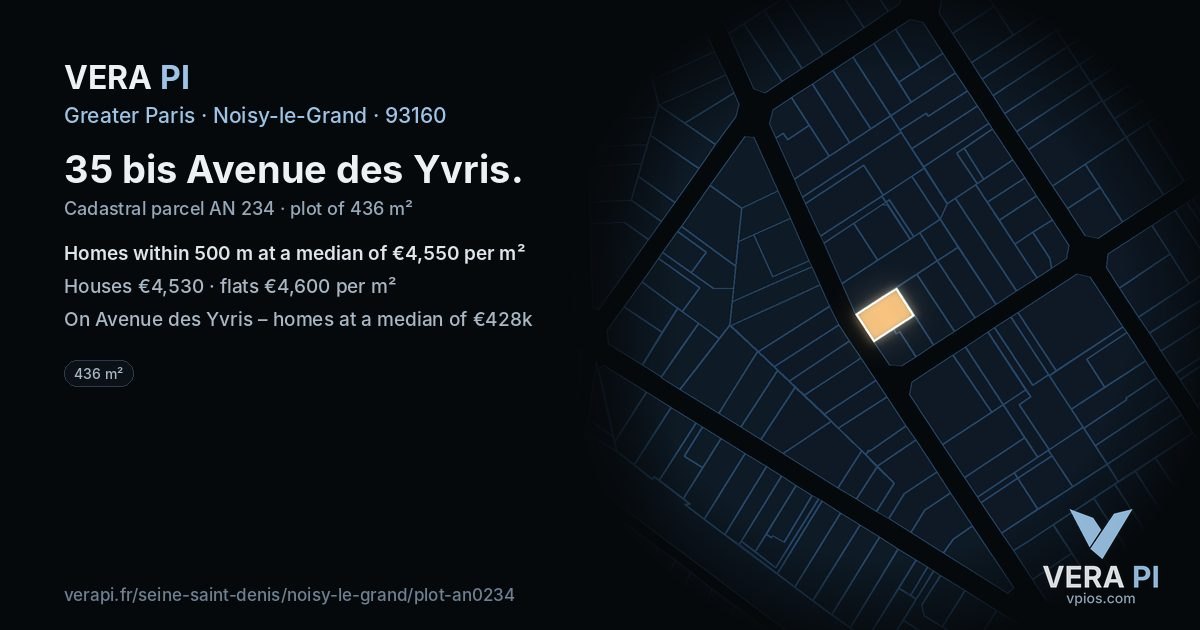 35 bis Avenue des Yvris, Noisy-le-Grand at night – the plot lit, the parcels around coloured by the prices near them