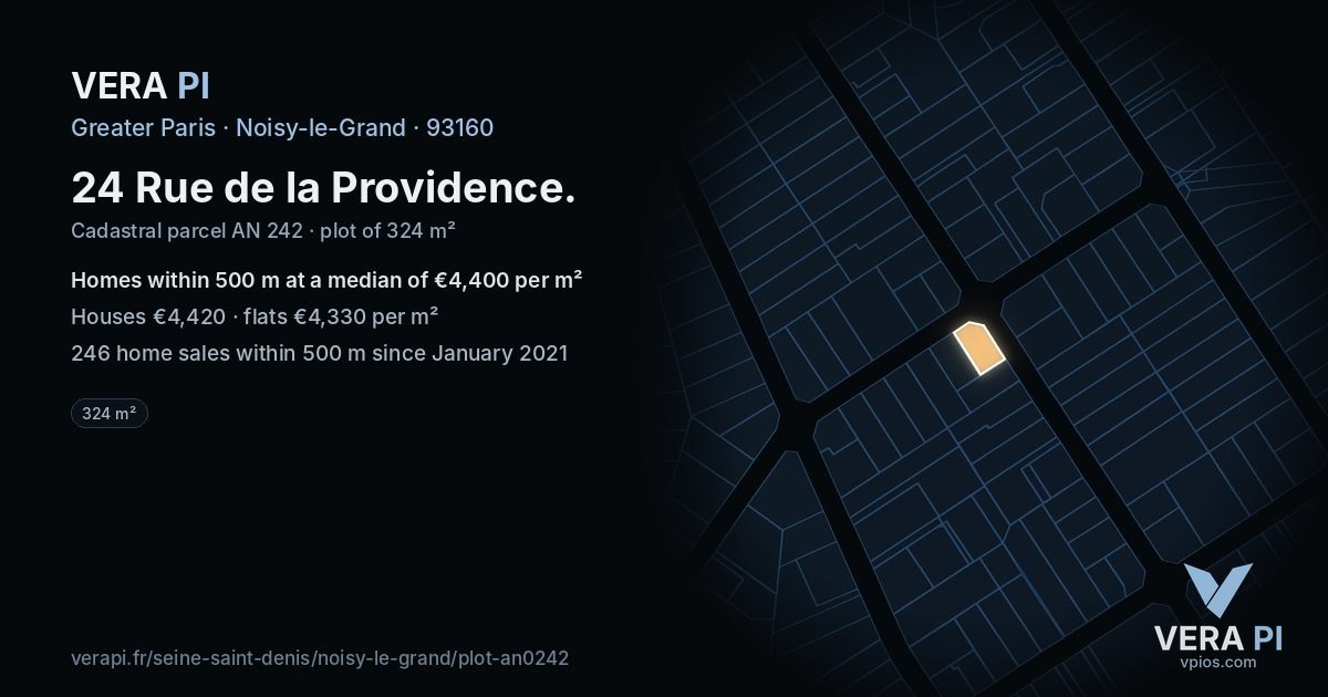 24 Rue de la Providence, Noisy-le-Grand at night – the plot lit, the parcels around coloured by the prices near them