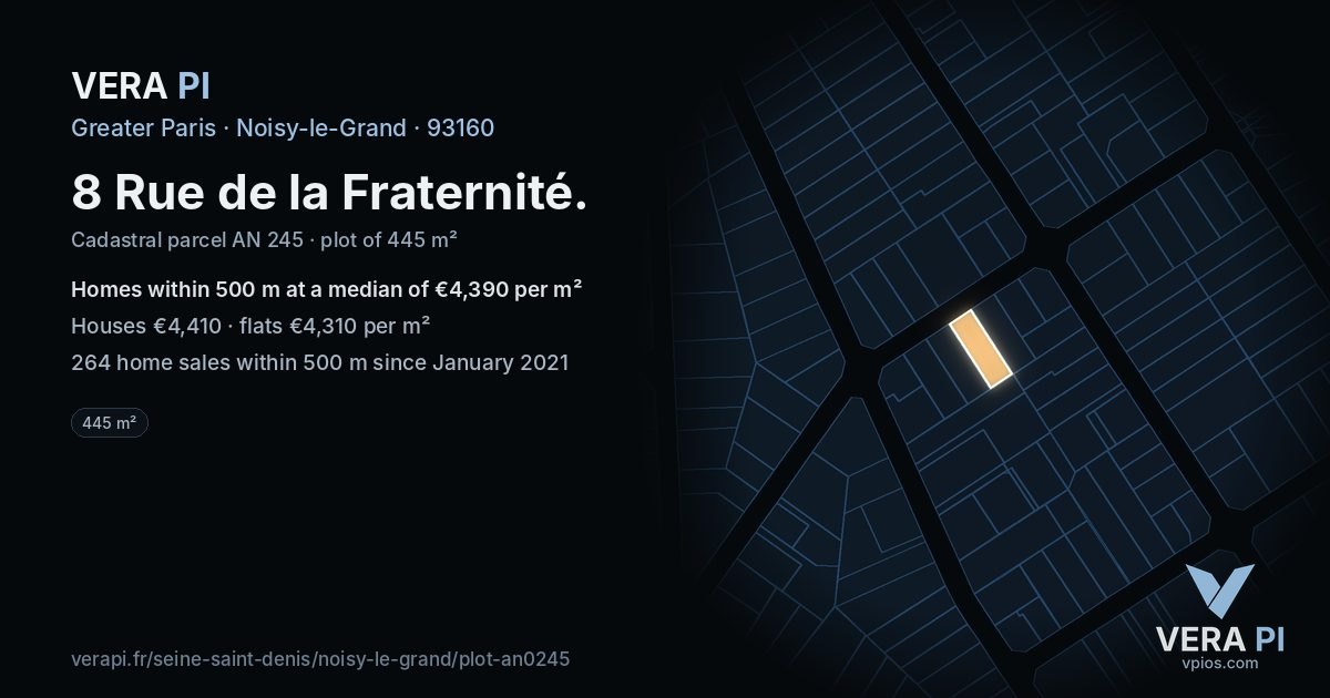 8 Rue de la Fraternité, Noisy-le-Grand at night – the plot lit, the parcels around coloured by the prices near them