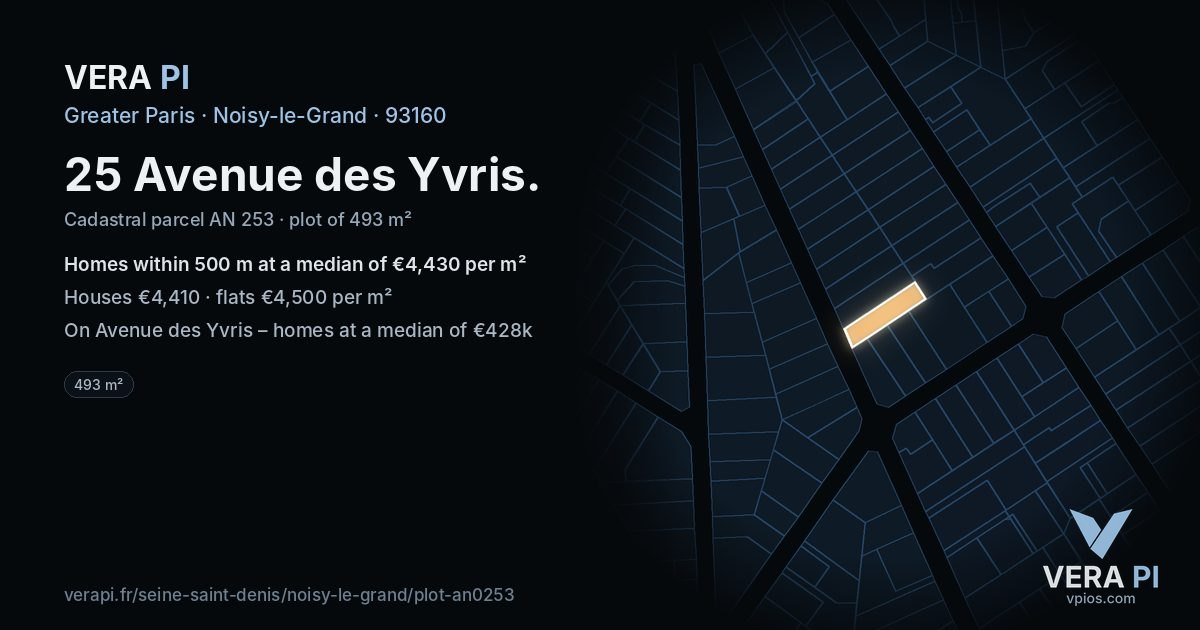 25 Avenue des Yvris, Noisy-le-Grand at night – the plot lit, the parcels around coloured by the prices near them