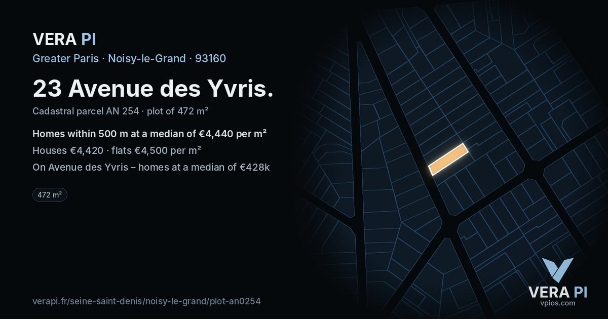 23 Avenue des Yvris, Noisy-le-Grand at night – the plot lit, the parcels around coloured by the prices near them