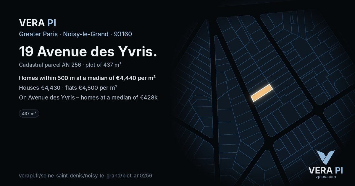 19 Avenue des Yvris, Noisy-le-Grand at night – the plot lit, the parcels around coloured by the prices near them