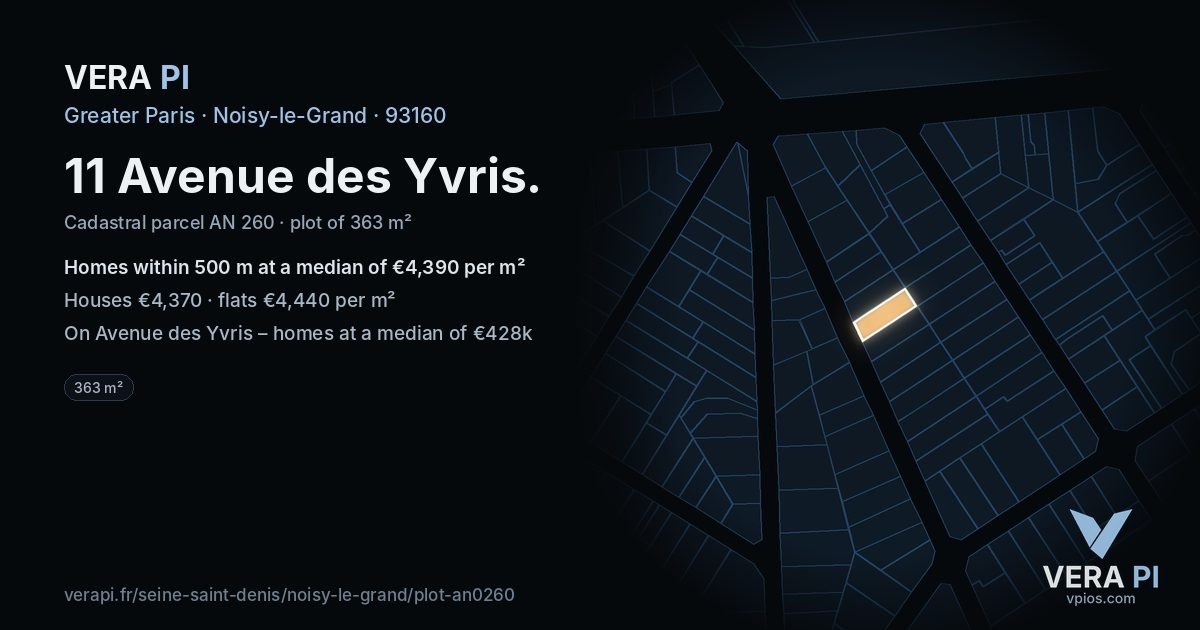 11 Avenue des Yvris, Noisy-le-Grand at night – the plot lit, the parcels around coloured by the prices near them