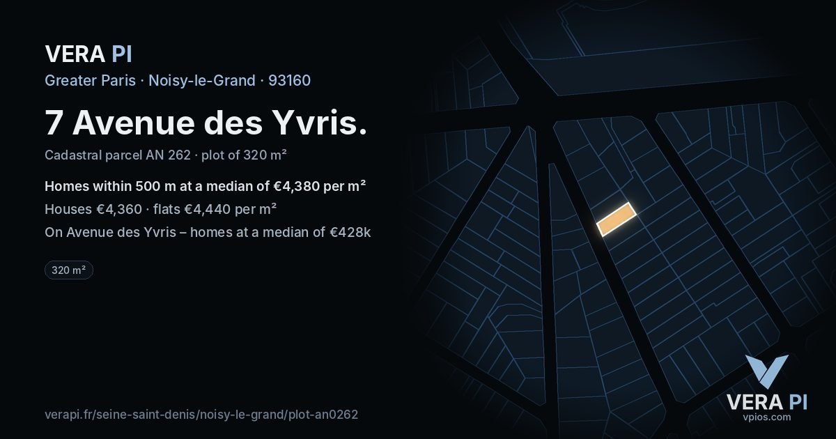 7 Avenue des Yvris, Noisy-le-Grand at night – the plot lit, the parcels around coloured by the prices near them
