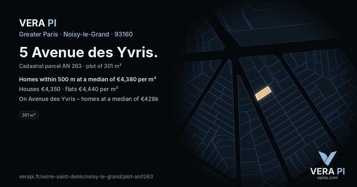 5 Avenue des Yvris, Noisy-le-Grand at night – the plot lit, the parcels around coloured by the prices near them