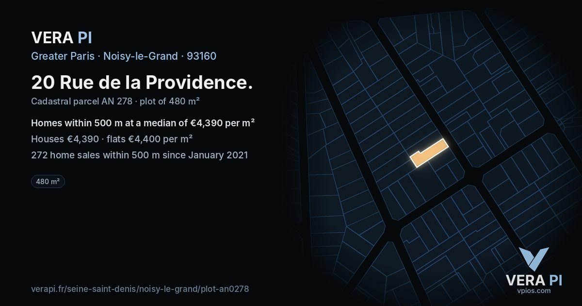 20 Rue de la Providence, Noisy-le-Grand at night – the plot lit, the parcels around coloured by the prices near them