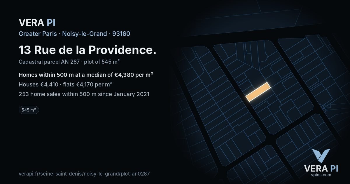 13 Rue de la Providence, Noisy-le-Grand at night – the plot lit, the parcels around coloured by the prices near them