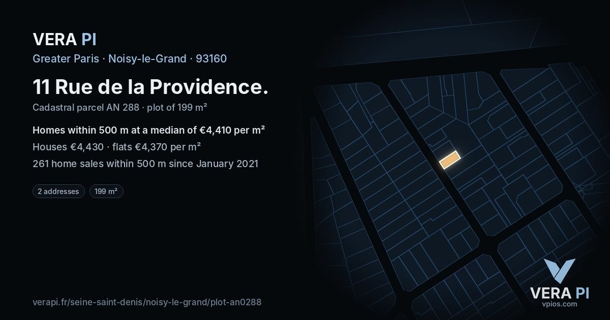11 Rue de la Providence, Noisy-le-Grand at night – the plot lit, the parcels around coloured by the prices near them