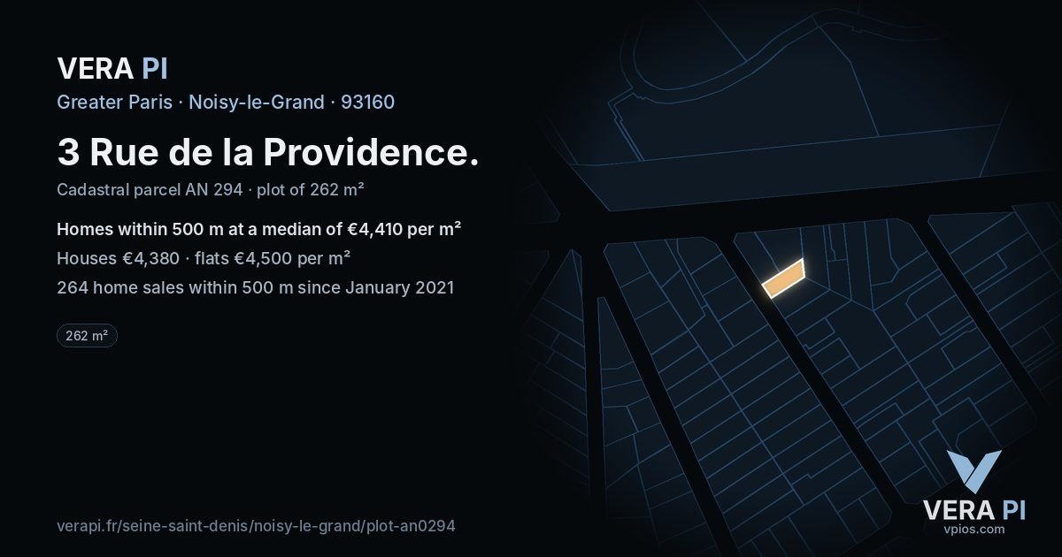 3 Rue de la Providence, Noisy-le-Grand at night – the plot lit, the parcels around coloured by the prices near them