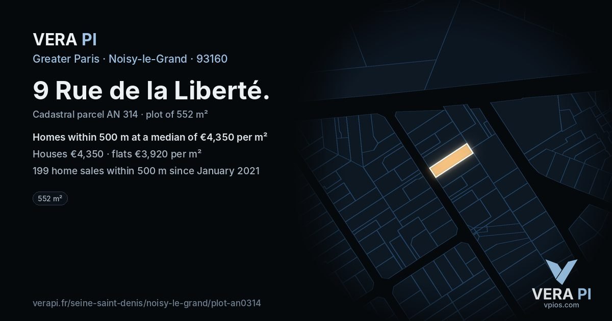 9 Rue de la Liberté, Noisy-le-Grand at night – the plot lit, the parcels around coloured by the prices near them