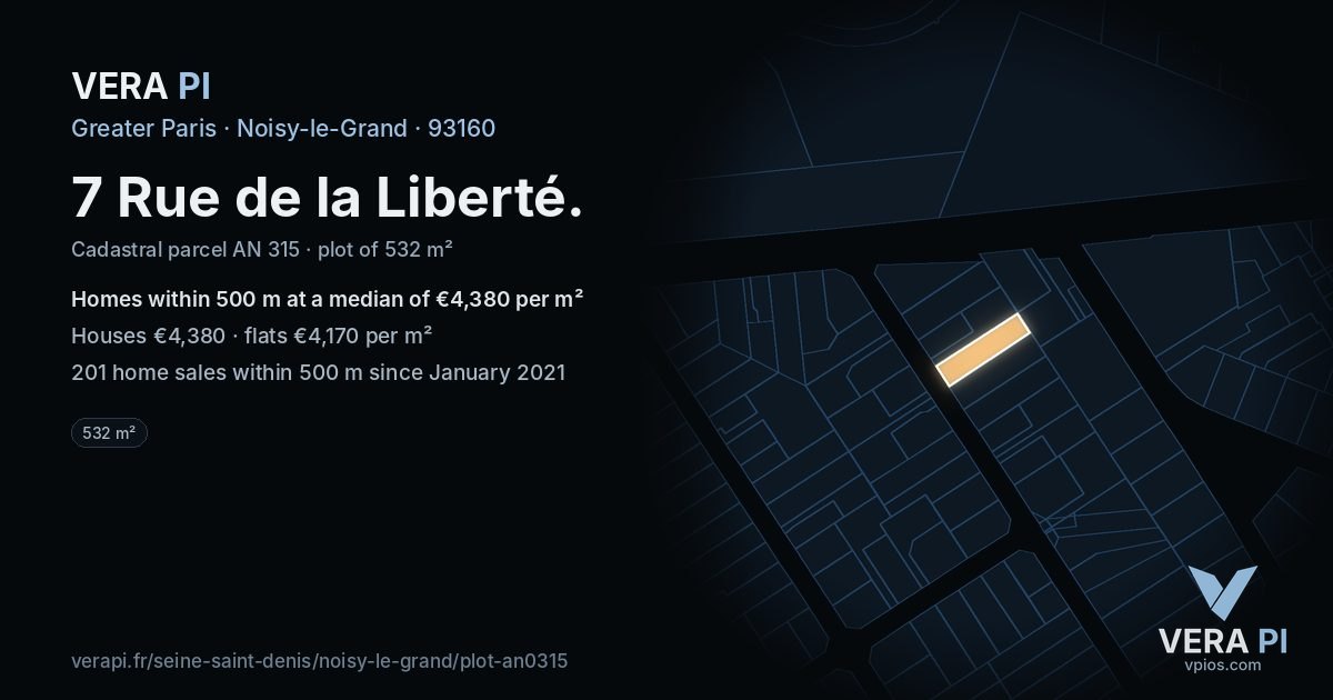 7 Rue de la Liberté, Noisy-le-Grand at night – the plot lit, the parcels around coloured by the prices near them