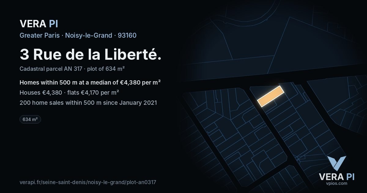 3 Rue de la Liberté, Noisy-le-Grand at night – the plot lit, the parcels around coloured by the prices near them