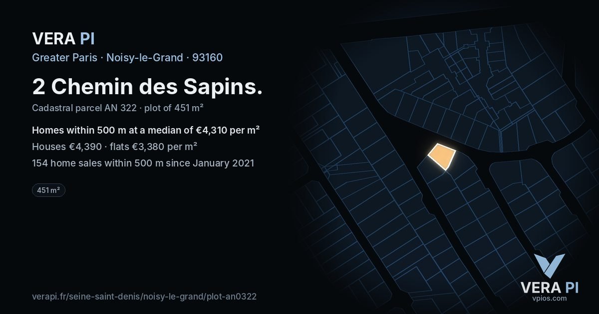 2 Chemin des Sapins, Noisy-le-Grand at night – the plot lit, the parcels around coloured by the prices near them