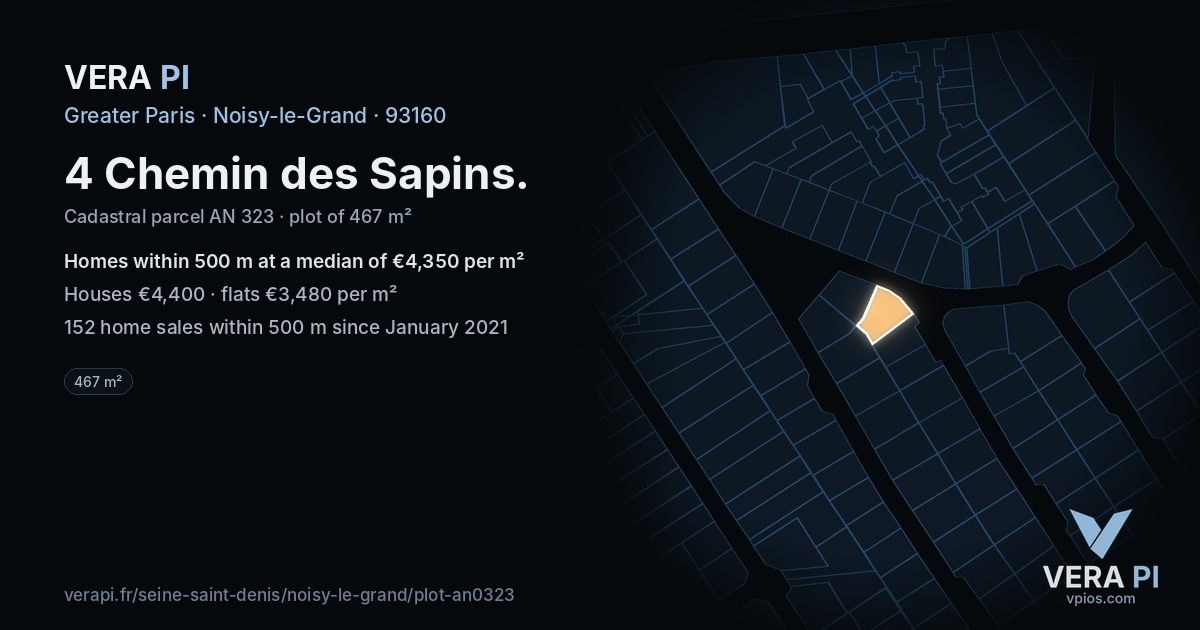 4 Chemin des Sapins, Noisy-le-Grand at night – the plot lit, the parcels around coloured by the prices near them