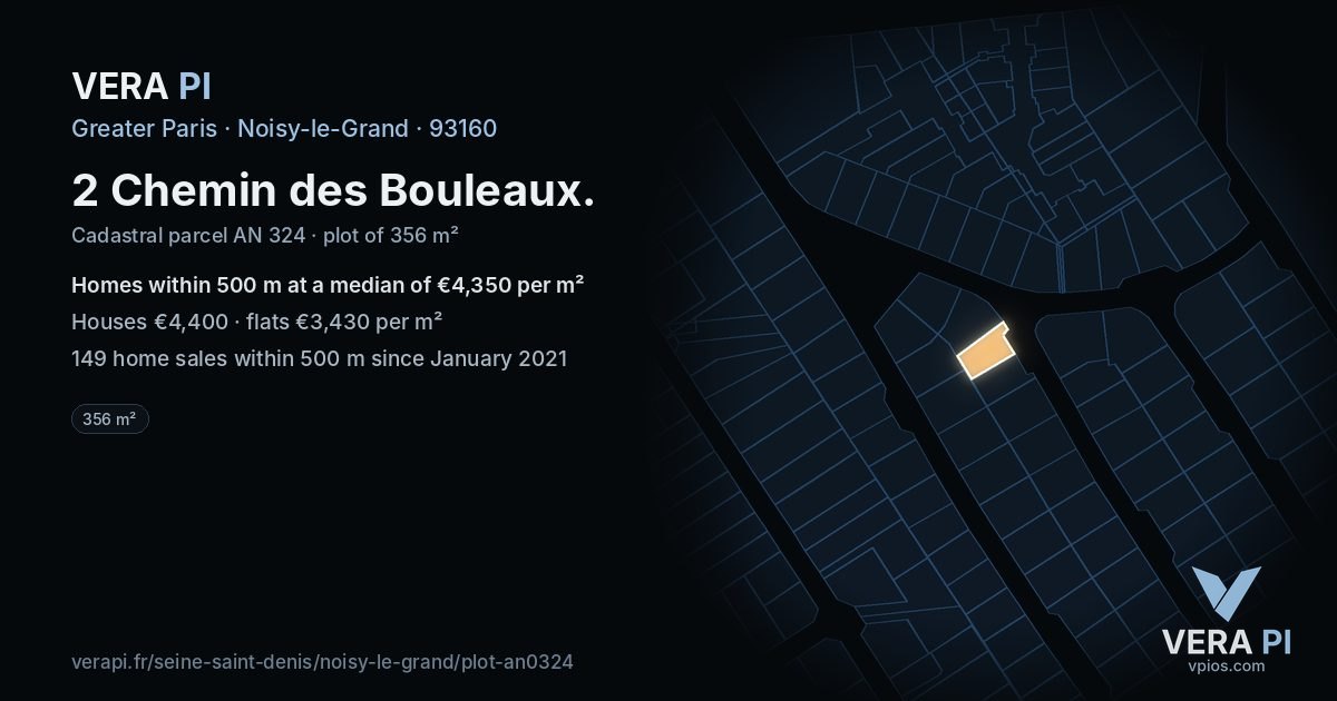 2 Chemin des Bouleaux, Noisy-le-Grand at night – the plot lit, the parcels around coloured by the prices near them