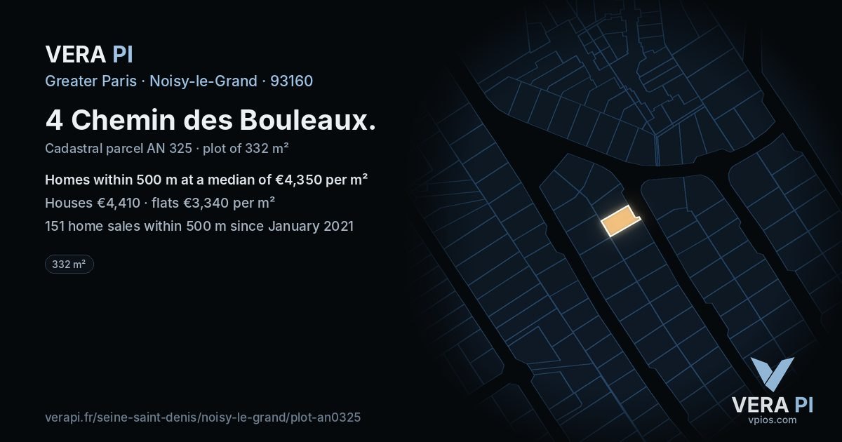 4 Chemin des Bouleaux, Noisy-le-Grand at night – the plot lit, the parcels around coloured by the prices near them