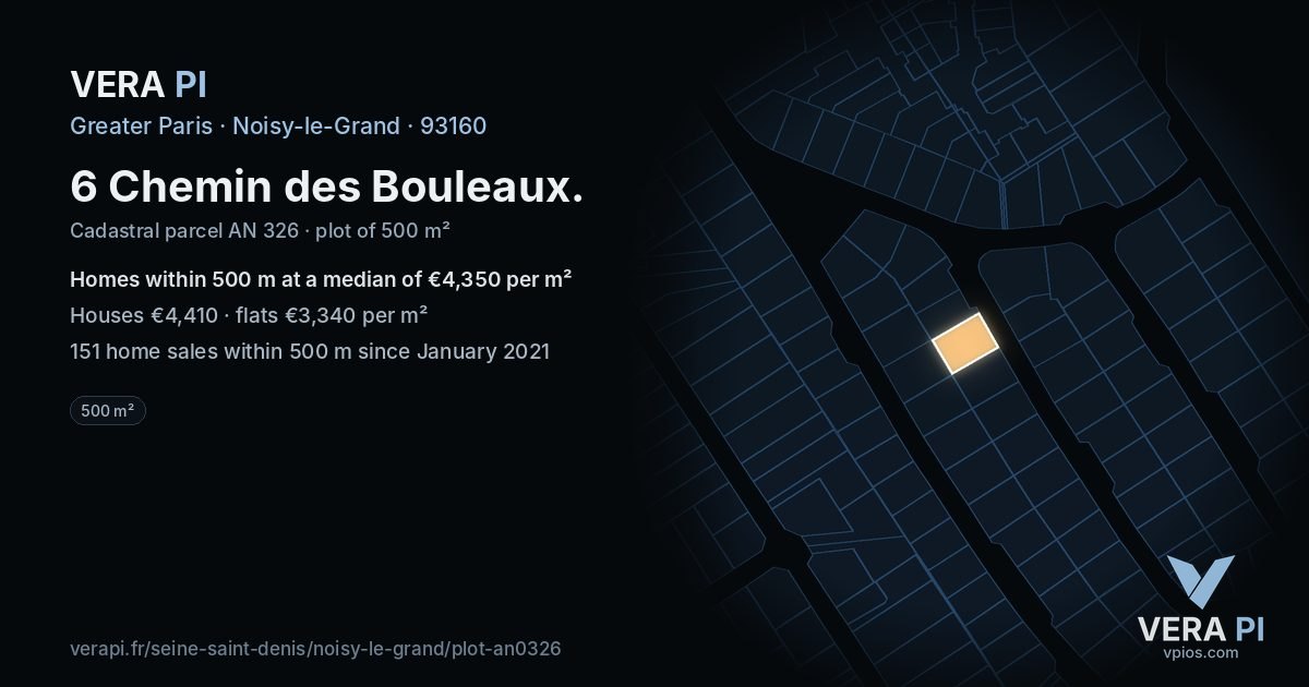6 Chemin des Bouleaux, Noisy-le-Grand at night – the plot lit, the parcels around coloured by the prices near them