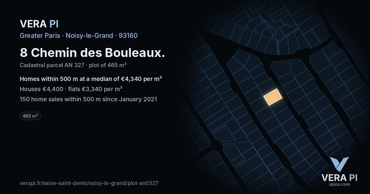 8 Chemin des Bouleaux, Noisy-le-Grand at night – the plot lit, the parcels around coloured by the prices near them