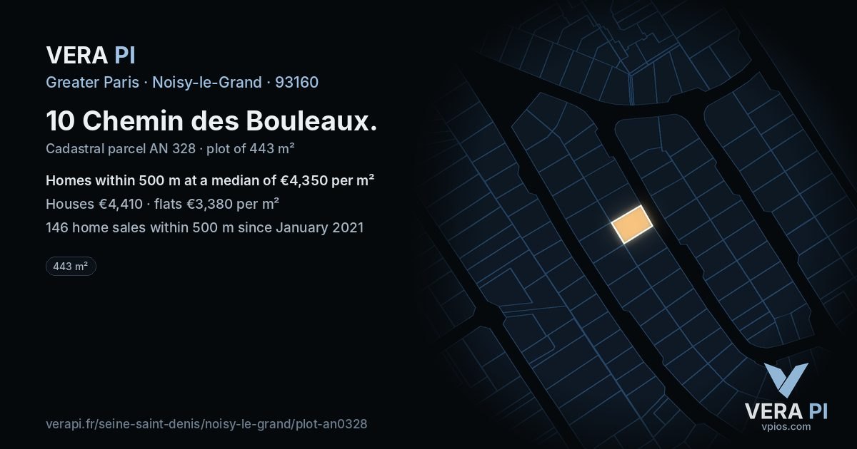 10 Chemin des Bouleaux, Noisy-le-Grand at night – the plot lit, the parcels around coloured by the prices near them