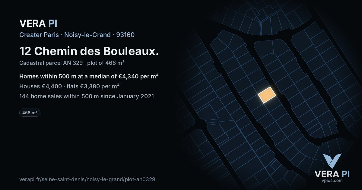 12 Chemin des Bouleaux, Noisy-le-Grand at night – the plot lit, the parcels around coloured by the prices near them
