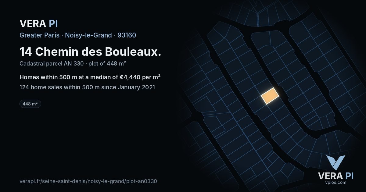 14 Chemin des Bouleaux, Noisy-le-Grand at night – the plot lit, the parcels around coloured by the prices near them