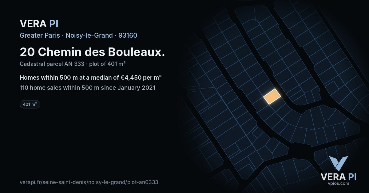 20 Chemin des Bouleaux, Noisy-le-Grand at night – the plot lit, the parcels around coloured by the prices near them