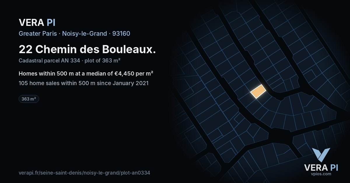 22 Chemin des Bouleaux, Noisy-le-Grand at night – the plot lit, the parcels around coloured by the prices near them