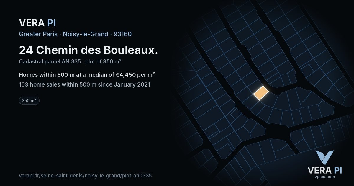 24 Chemin des Bouleaux, Noisy-le-Grand at night – the plot lit, the parcels around coloured by the prices near them