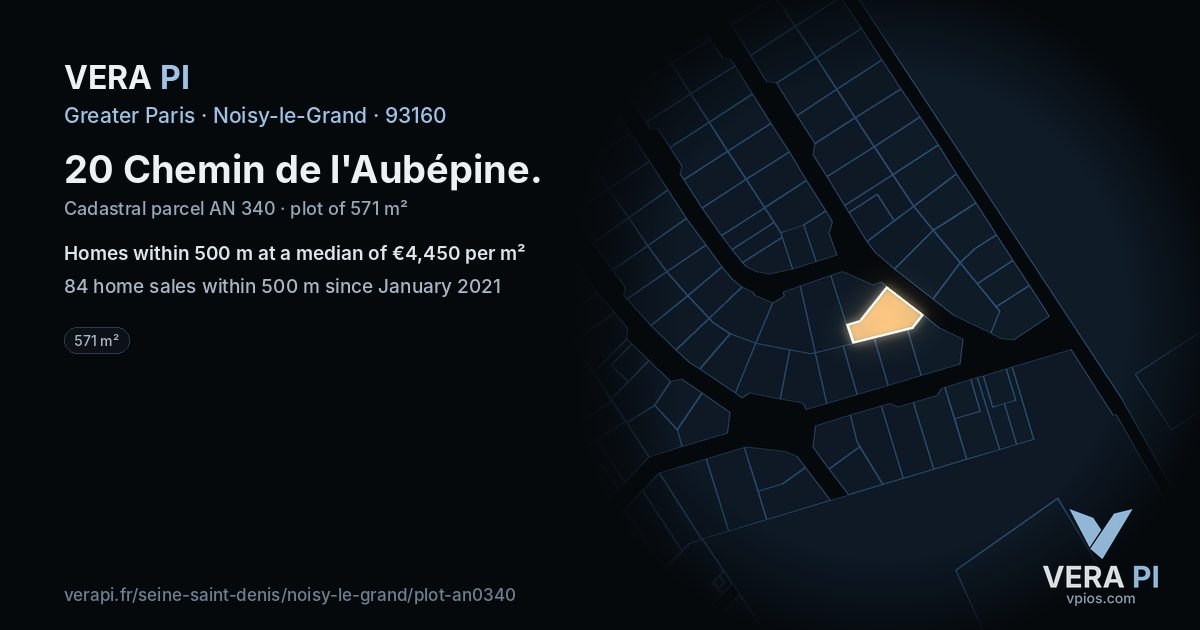 20 Chemin de l'Aubépine, Noisy-le-Grand at night – the plot lit, the parcels around coloured by the prices near them