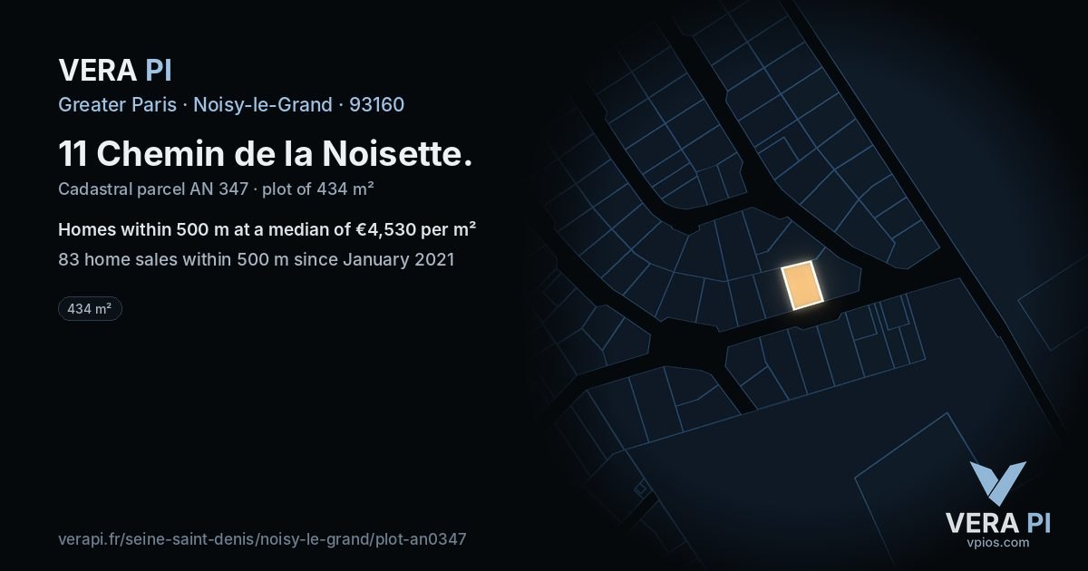 11 Chemin de la Noisette, Noisy-le-Grand at night – the plot lit, the parcels around coloured by the prices near them