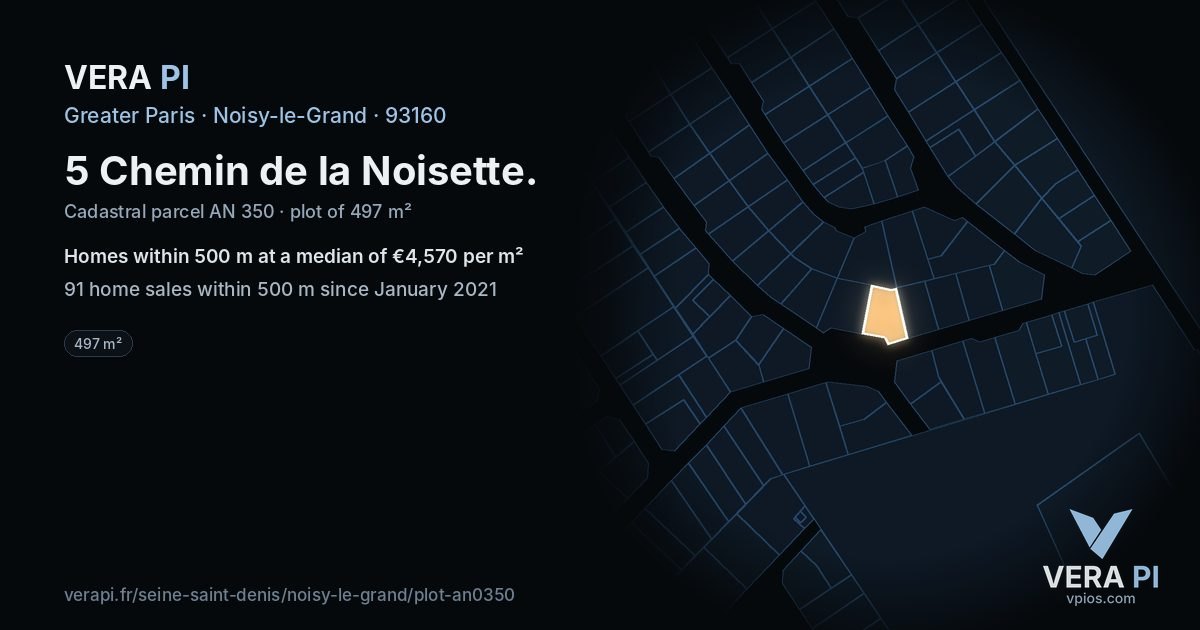 5 Chemin de la Noisette, Noisy-le-Grand at night – the plot lit, the parcels around coloured by the prices near them