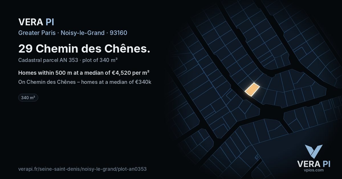 29 Chemin des Chênes, Noisy-le-Grand at night – the plot lit, the parcels around coloured by the prices near them