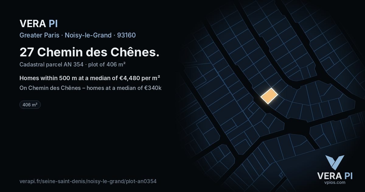 27 Chemin des Chênes, Noisy-le-Grand at night – the plot lit, the parcels around coloured by the prices near them